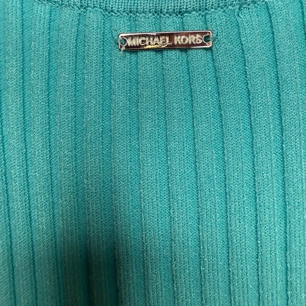 Michael Kors Ribbed Stretch Knit Midi Dress – Turquoise (With MK Chain Belt) - Picture 7 of 8